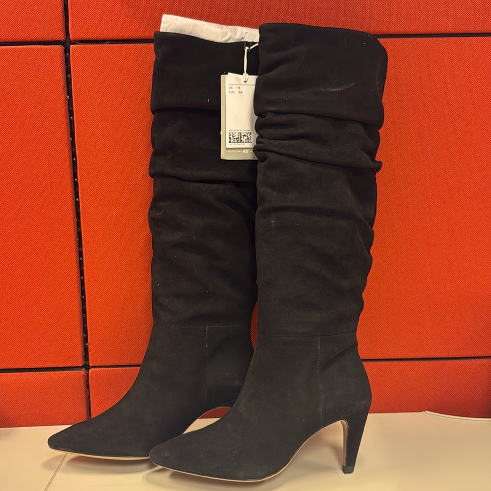 H&M Ladies Knee-High Heeled Boots us 5 eur 36 real suede